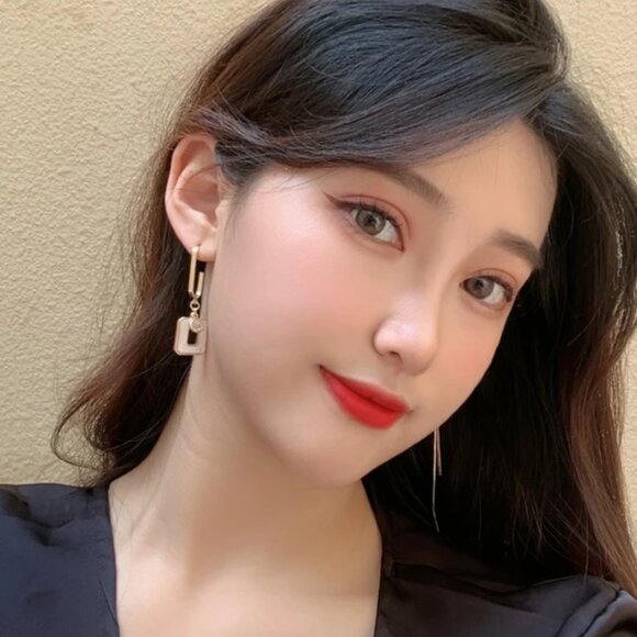 Modern Asymmetrical Geometric Drop Earrings – .925 Silver Needle, Gold Finish - Picture 2 of 12